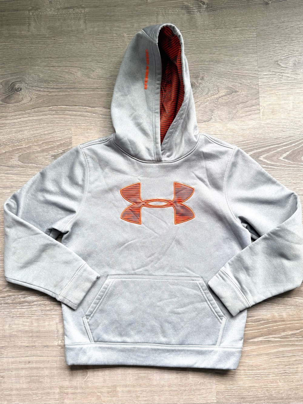 Under Armour ColdGear Boy’s YM Gray Hoodie with Orange Logo and Lined Hood